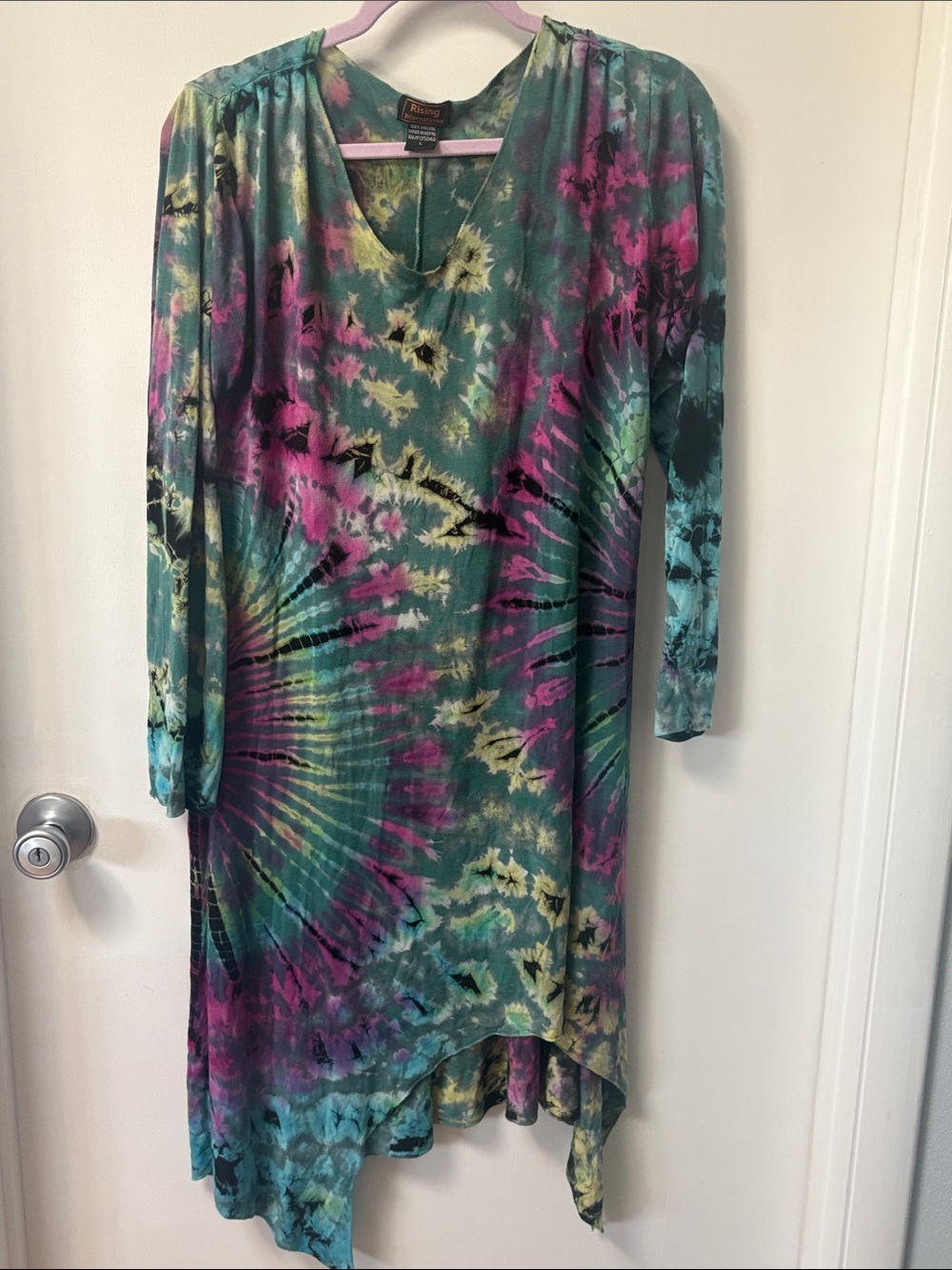 Rising International Teal, Pink & Yellow Asymmetrical Tie-Dye Dress